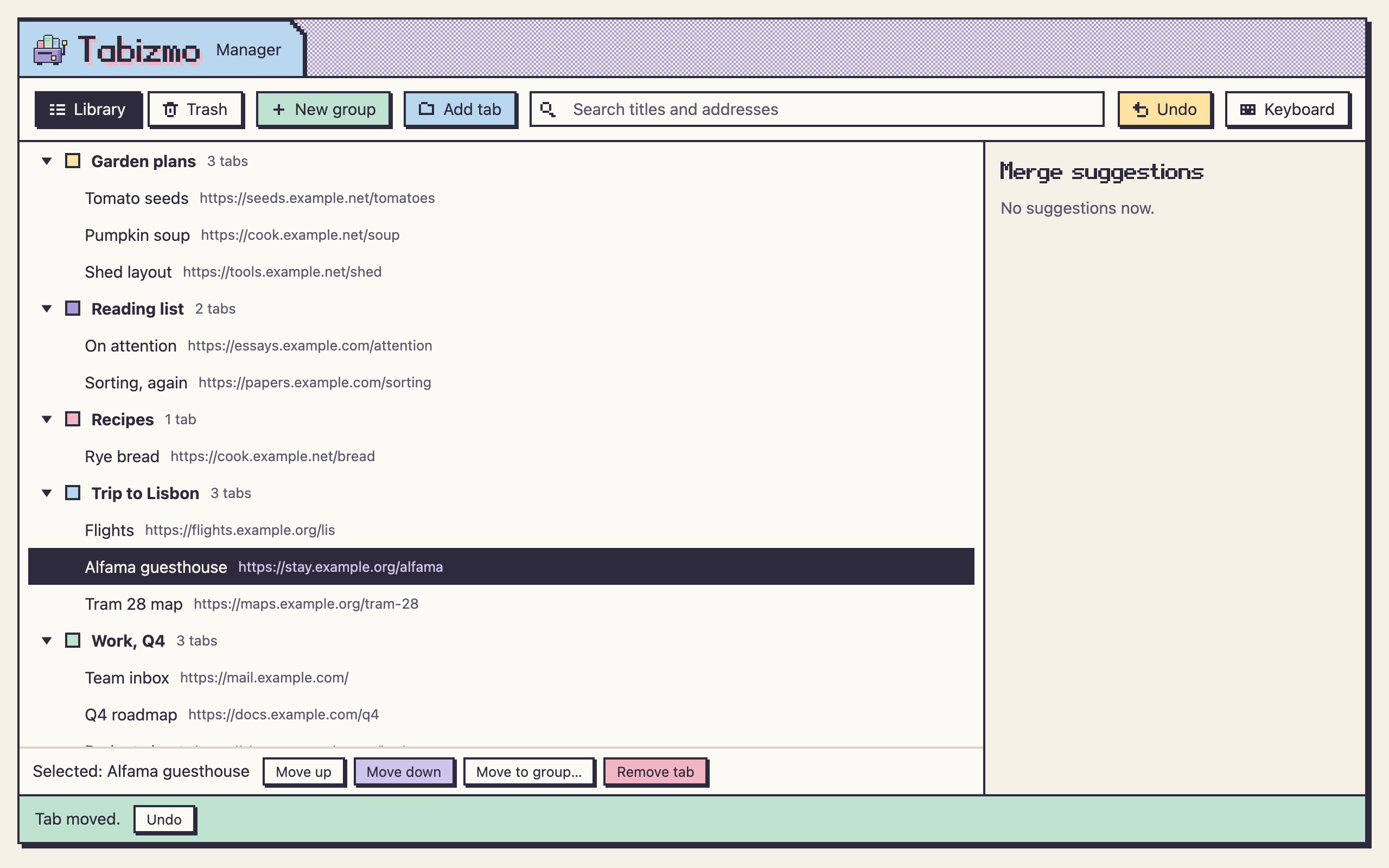 The Tabizmo manager: a tree of tab groups named Garden plans, Reading list, Recipes, Trip to Lisbon and Work, each with its tabs and their addresses, and a toolbar with Library, Trash, New group, Add tab, search and Undo.